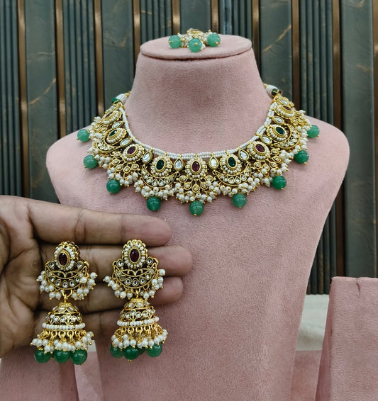 Ruby Sage Green Kundan necklace Set/ kundan Indian jewellery kundan Zina sets