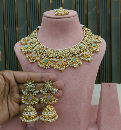 Mint Pink Kundan necklace Set/ kundan Indian jewellery kundan Awari sets