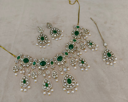 Green Moissanite Kundan Necklace Jewellery Nany Set