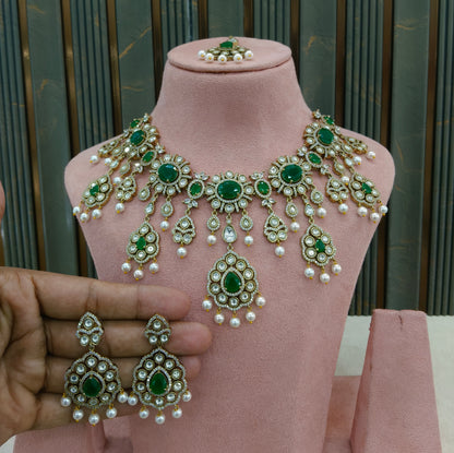 Green Moissanite Kundan Necklace Jewellery Nany Set