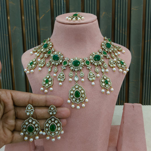 Green Moissanite Kundan Necklace Jewellery Nany Set