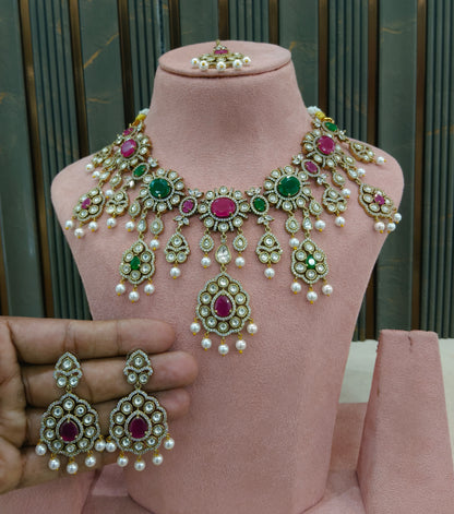 Ruby Green Moissanite Kundan Necklace Jewellery Nany Set