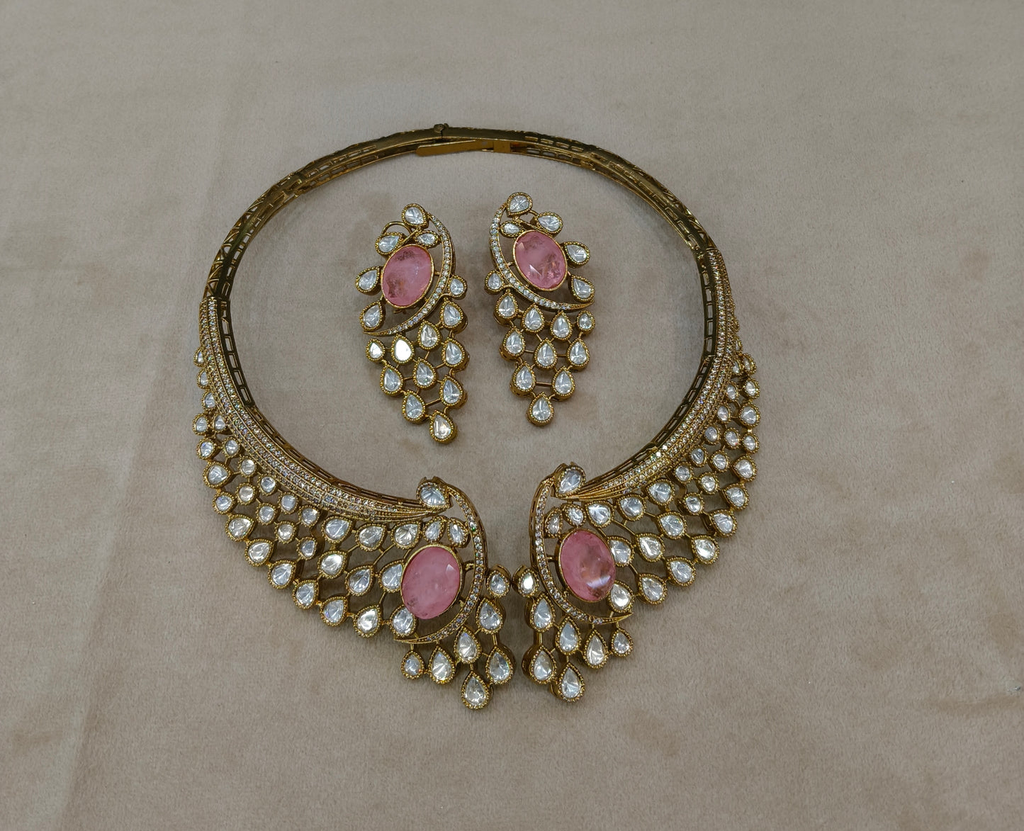Pink Moissanite Kundan Necklace Jewellery Ruth Set