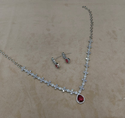 Silver Ruby American Diamond AD Necklace Mary Set