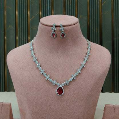 Silver Ruby American Diamond AD Necklace Mary Set
