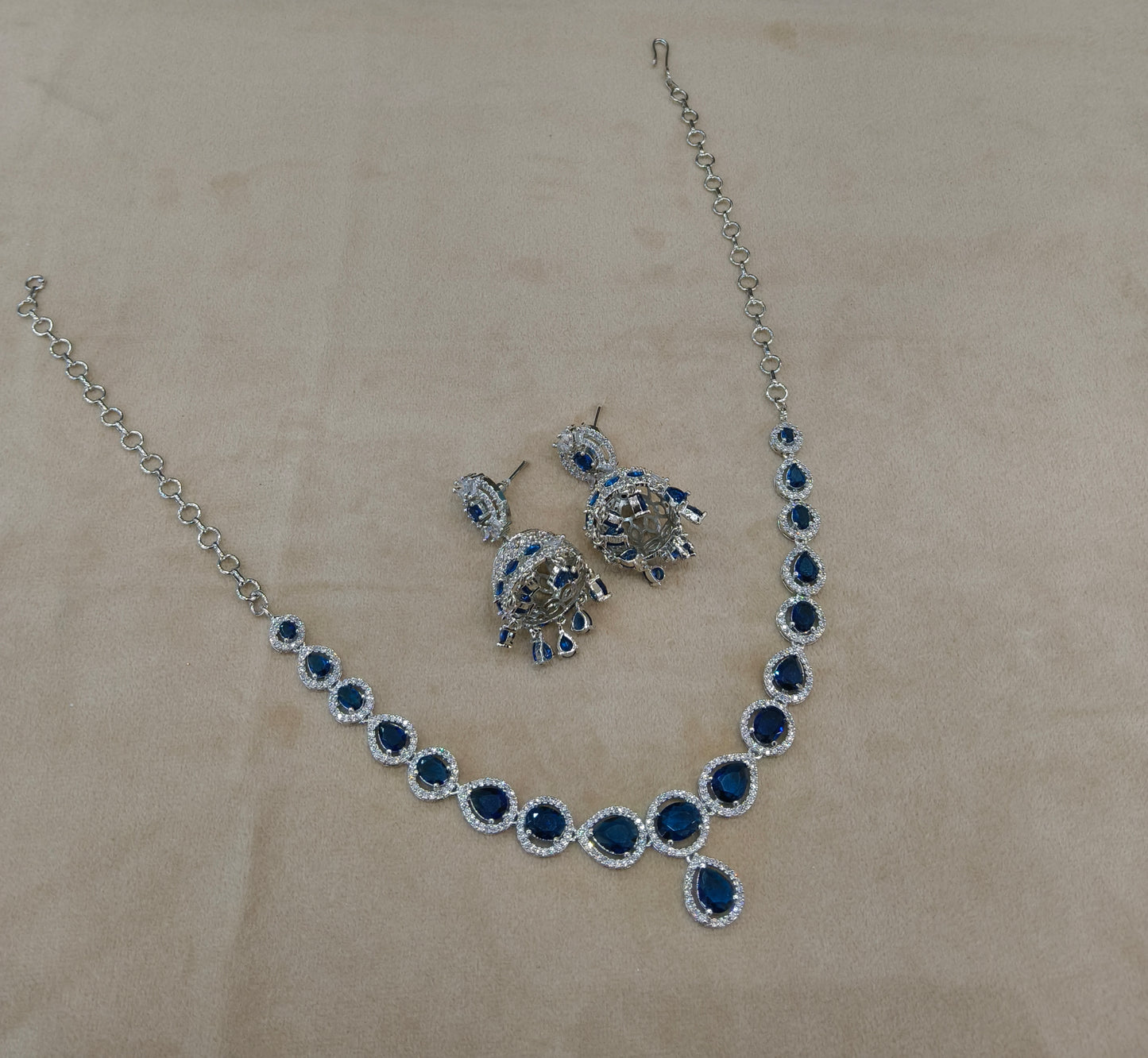 Silver Blue American Diamond AD Necklace June Set