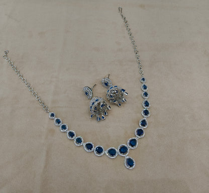Silver Blue American Diamond AD Necklace June Set
