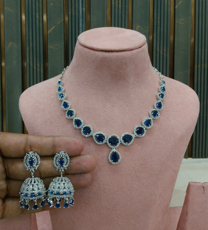 Silver Blue American Diamond AD Necklace June Set