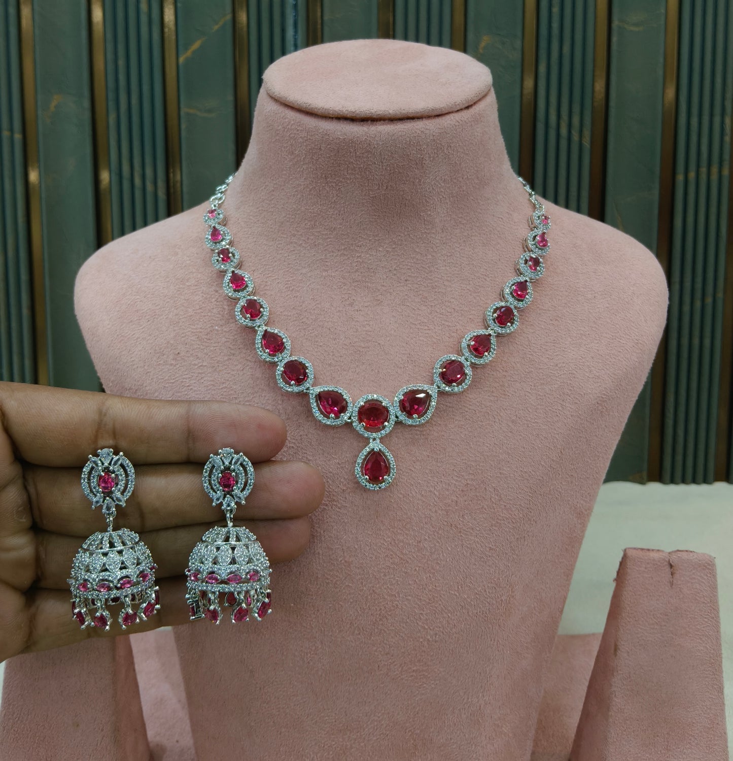 Silver Ruby American Diamond AD Necklace June Set
