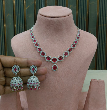 Silver Ruby American Diamond AD Necklace June Set