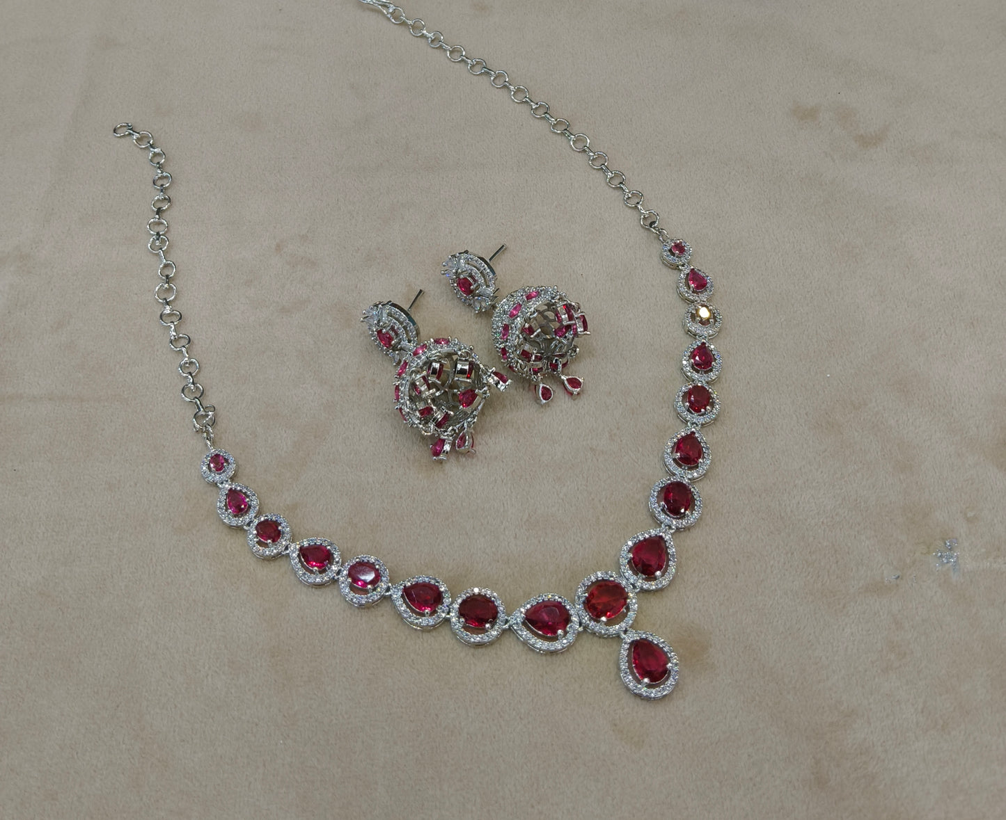 Silver Ruby American Diamond AD Necklace June Set