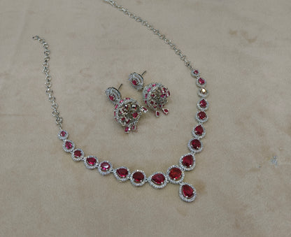 Silver Ruby American Diamond AD Necklace June Set