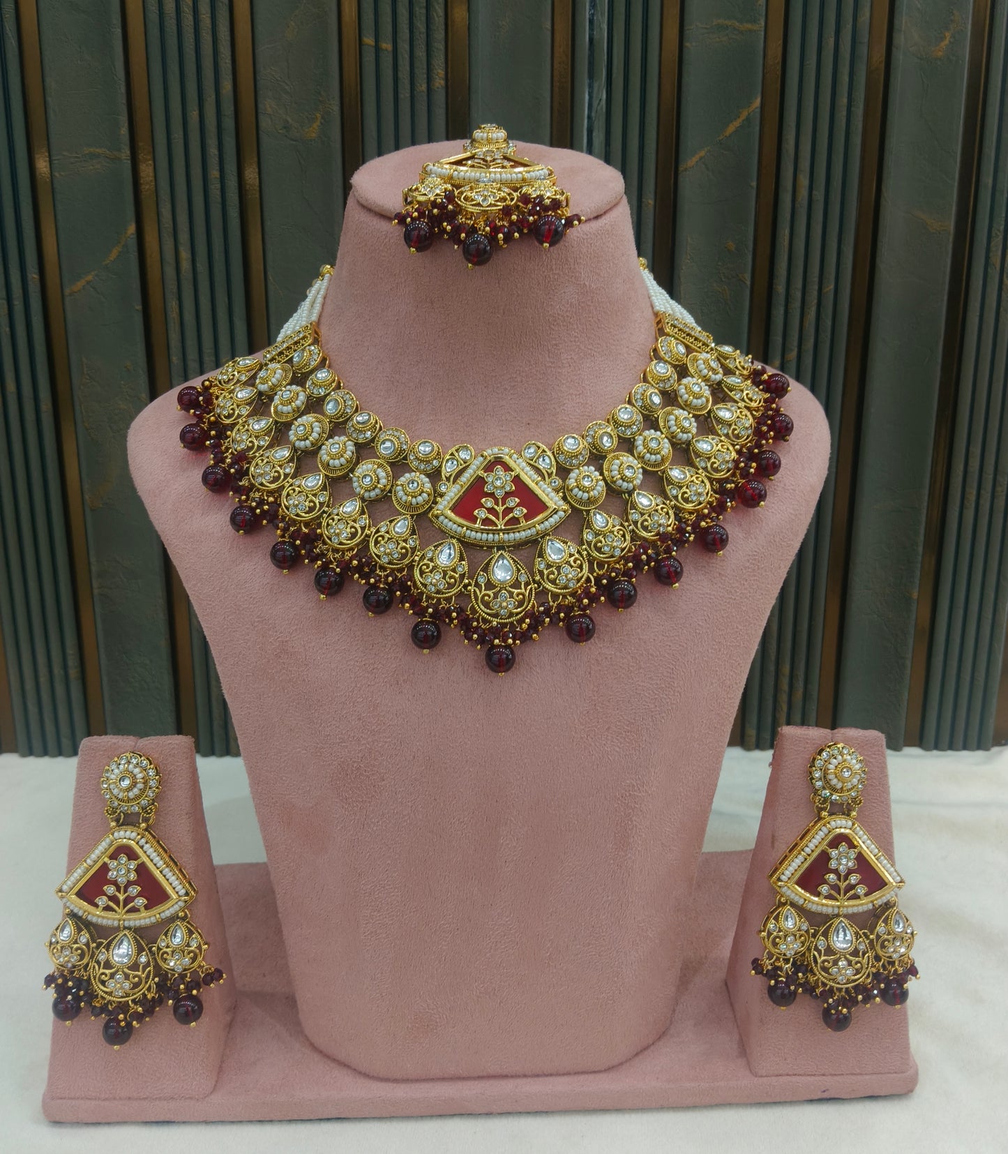 Gold Maroon Kundan necklace Set/ kundan Indian jewellery kundan Zina sets