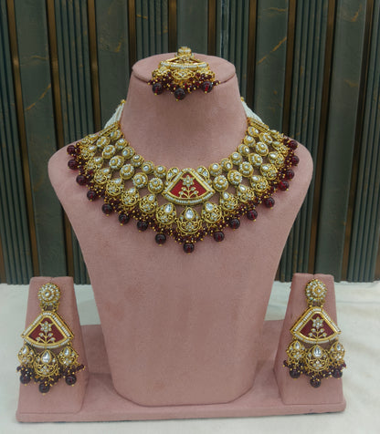 Gold Maroon Kundan necklace Set/ kundan Indian jewellery kundan Zina sets