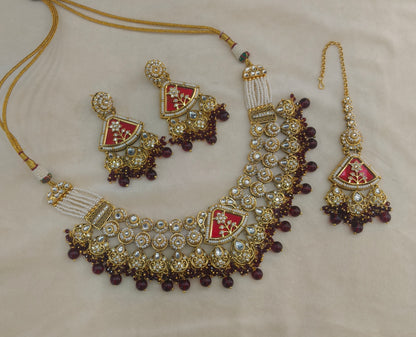 Gold Maroon Kundan necklace Set/ kundan Indian jewellery kundan Zina sets