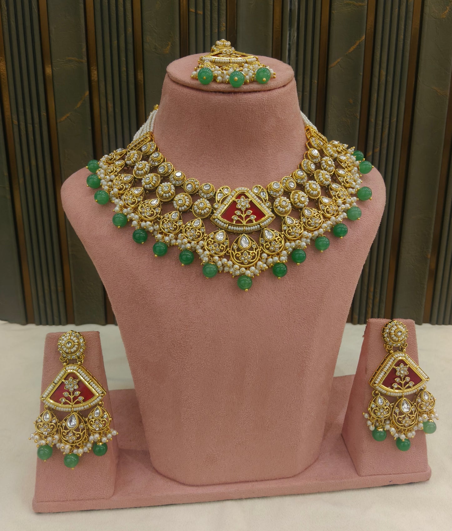Gold Ruby Sage Green Kundan necklace Set/ kundan Indian jewellery kundan Zina sets