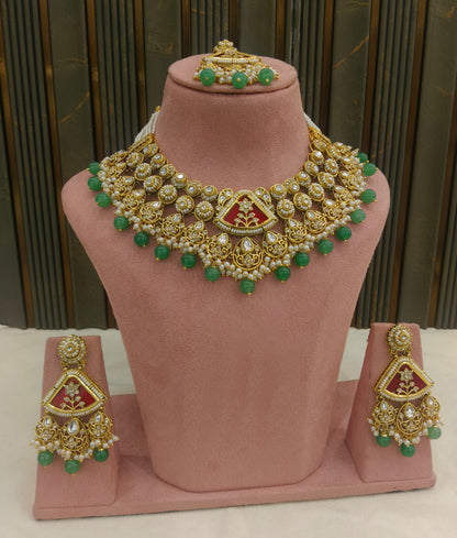 Gold Ruby Sage Green Kundan necklace Set/ kundan Indian jewellery kundan Zina sets