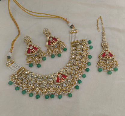 Gold Ruby Sage Green Kundan necklace Set/ kundan Indian jewellery kundan Zina sets