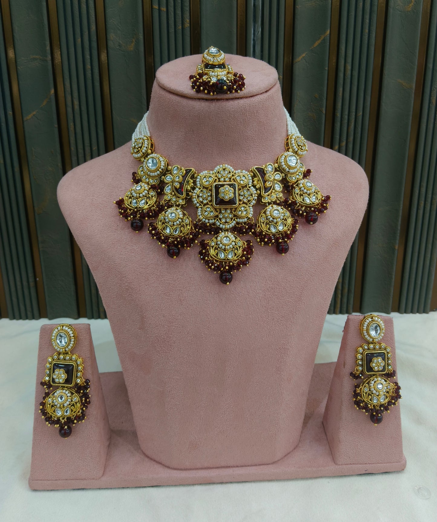 Gold Maroon Kundan necklace Set/ kundan Indian jewellery kundan Seerat sets