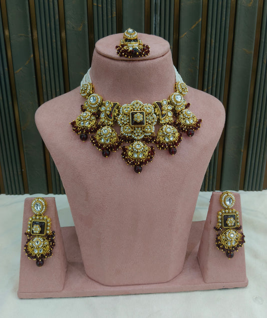 Gold Maroon Kundan necklace Set/ kundan Indian jewellery kundan Seerat sets