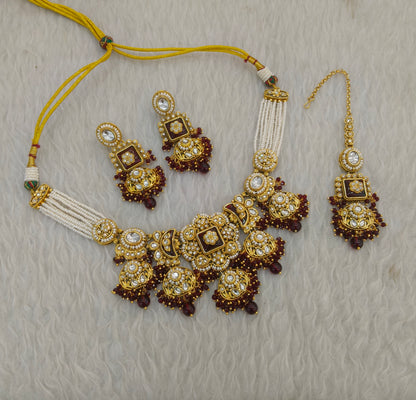 Gold Maroon Kundan necklace Set/ kundan Indian jewellery kundan Seerat sets