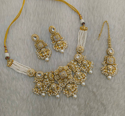 Gold White Kundan necklace Set/ kundan Indian jewellery kundan Seerat sets