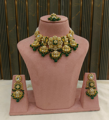 Gold Green Kundan necklace Set/ kundan Indian jewellery kundan Seerat sets