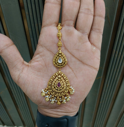 Gold Ruby polki Tikka Jewellery  Headpiece Set