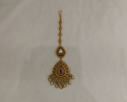 Gold Ruby polki Tikka Jewellery  Headpiece Set