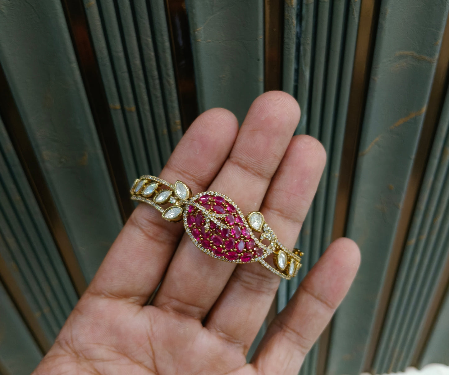 Antique Ruby AD Moissnaite Kundan Hand Bracelets Junia Jewellery