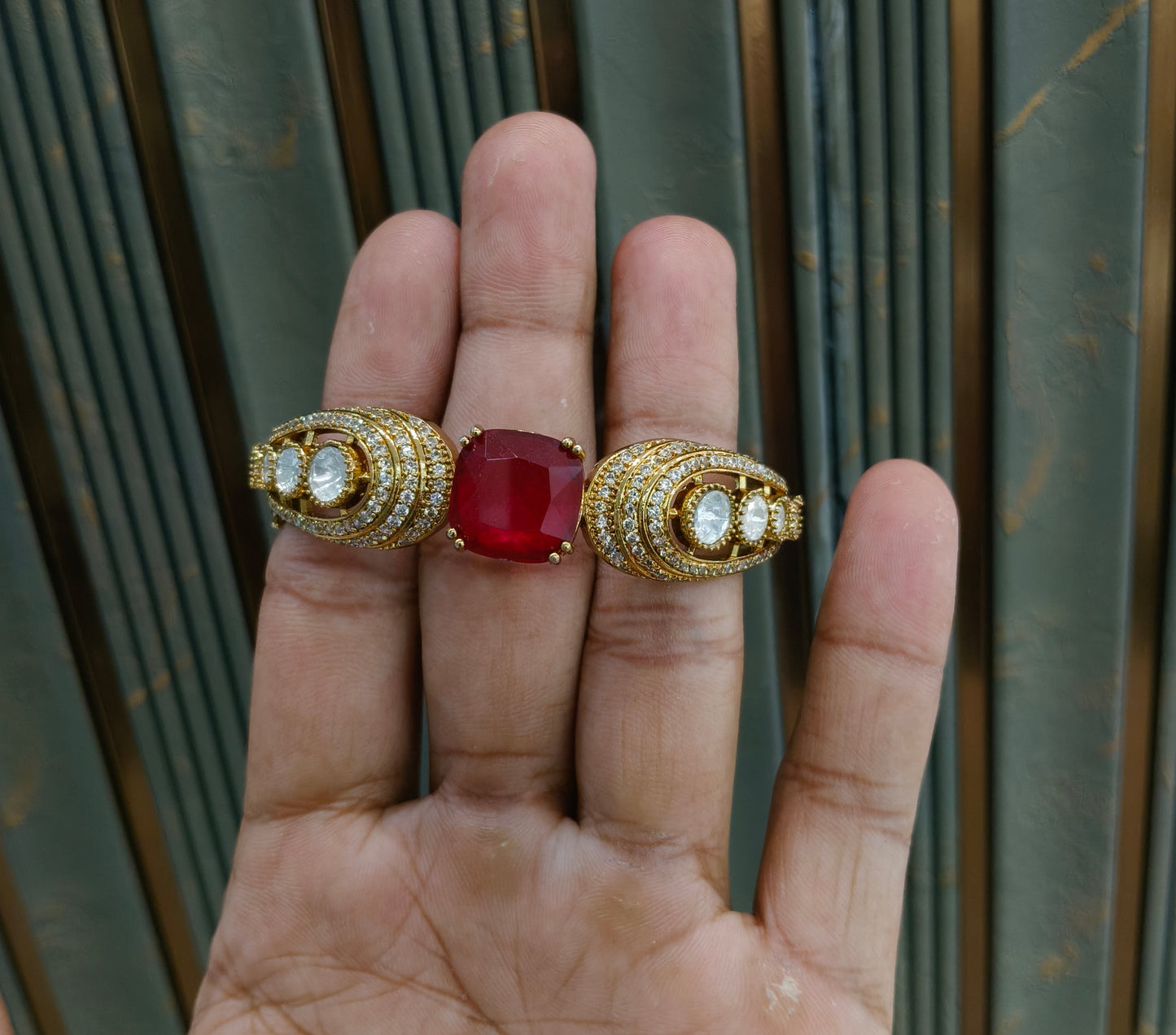 Antique Ruby AD Moissnaite Kundan Hand Bracelets Junia Jewellery