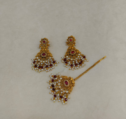 Gold Ruby Polki Style Earrings and Tikka set