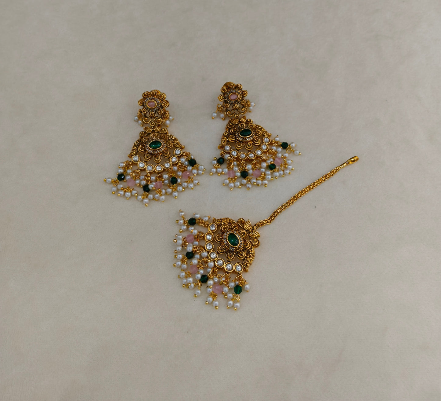 Gold Pink Green Polki Style Earrings and Tikka set