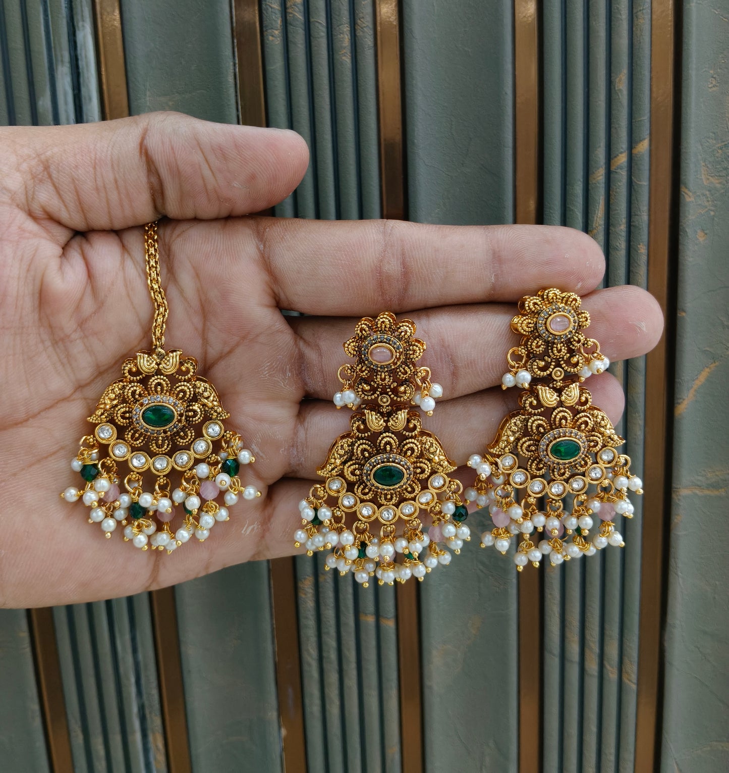 Gold Pink Green Polki Style Earrings and Tikka set