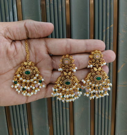 Gold Pink Green Polki Style Earrings and Tikka set