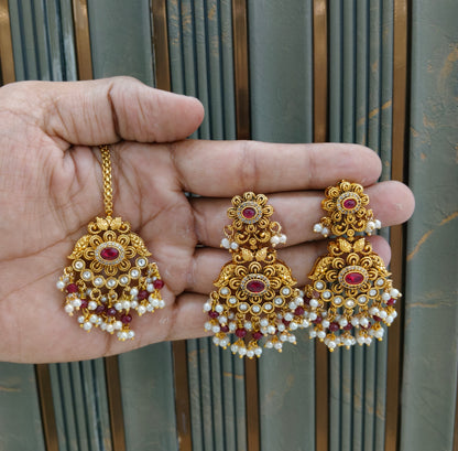 Gold Ruby Polki Style Earrings and Tikka set