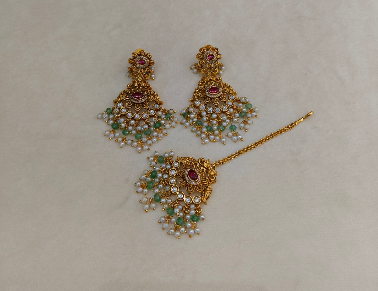Gold Ruby Sage Green Polki Style Earrings and Tikka set