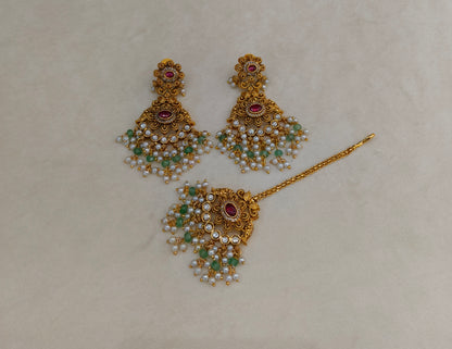 Gold Ruby Sage Green Polki Style Earrings and Tikka set