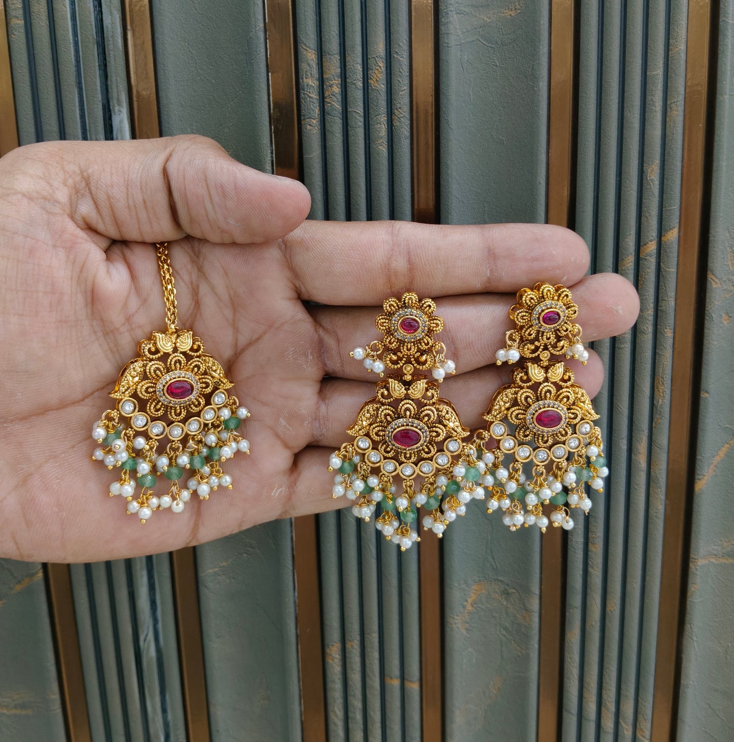 Gold Ruby Sage Green Polki Style Earrings and Tikka set