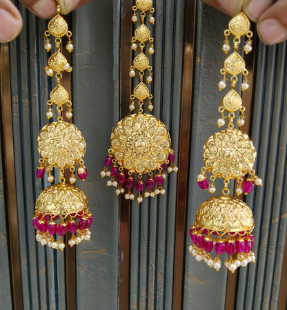 Gold Majenta Punjabi Style Earrings and Tikka set