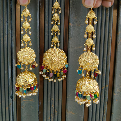 Gold Multi color Punjabi Style Earrings and Tikka set