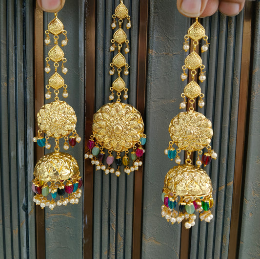 Gold Multi color Punjabi Style Earrings and Tikka set
