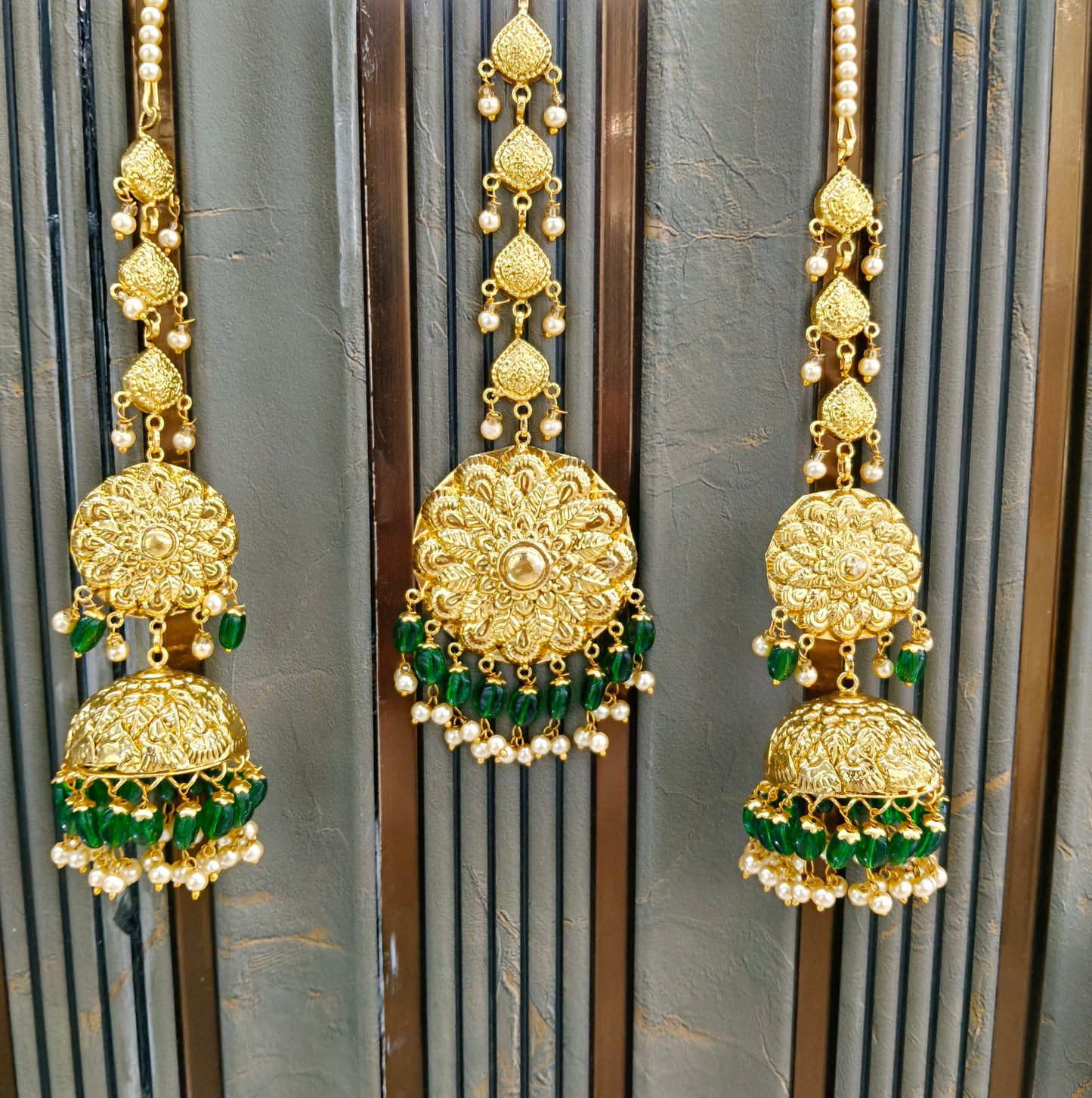 Gold Green Punjabi Style Earrings and Tikka set