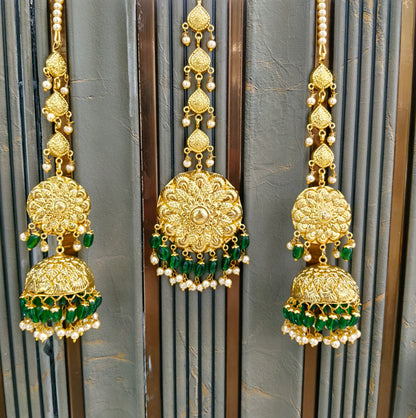 Gold Green Punjabi Style Earrings and Tikka set