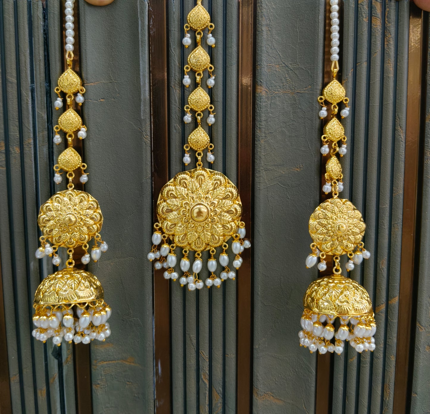 Gold White Punjabi Style Earrings and Tikka set