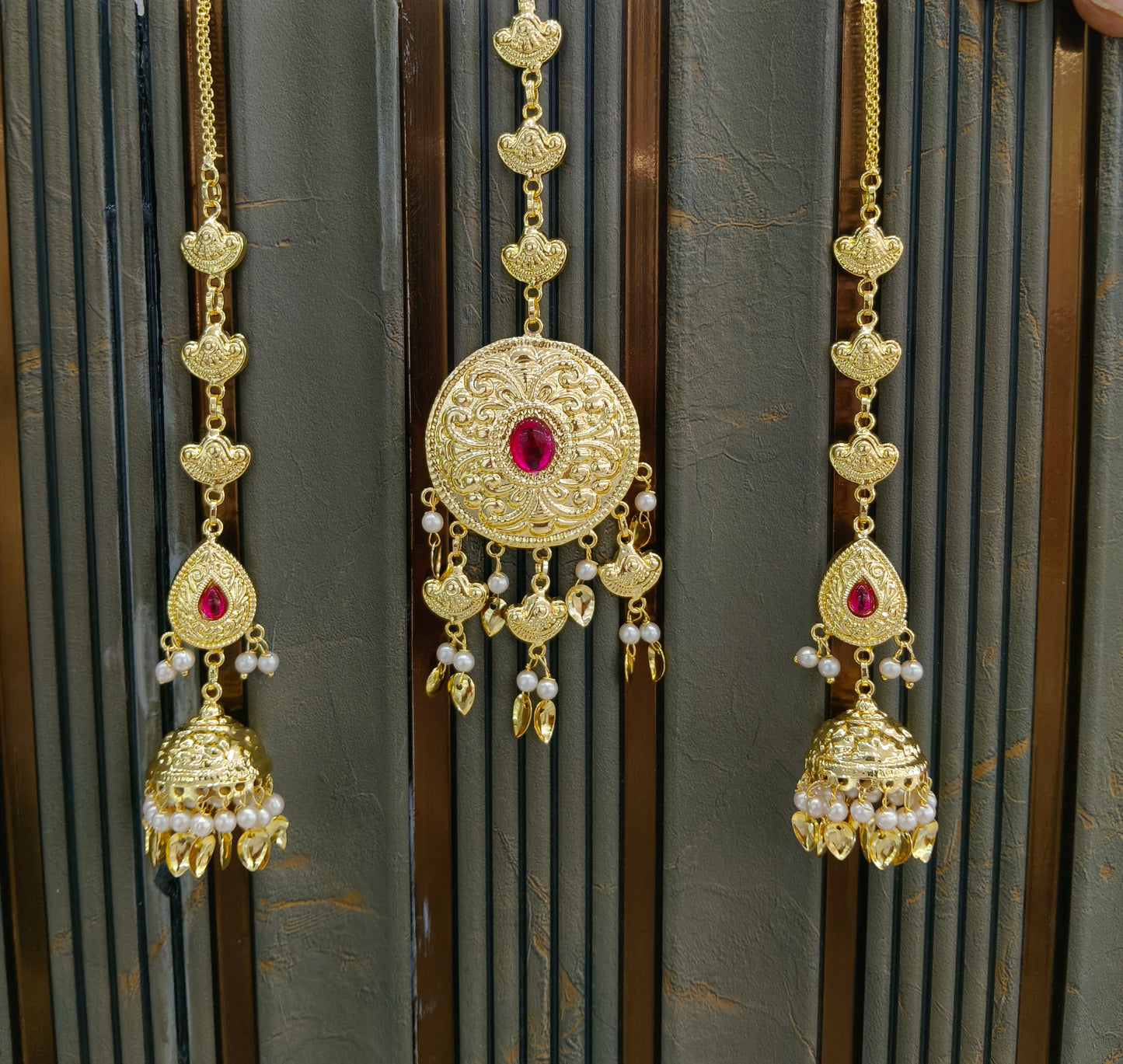 Gold Ruby Punjabi Style Earrings and Tikka set