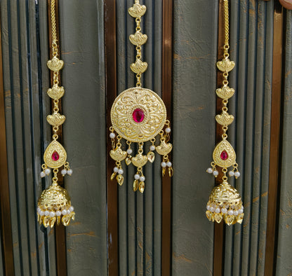 Gold Ruby Punjabi Style Earrings and Tikka set
