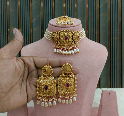 Gold Ruby Polki Choker Jewellery Mngu Set