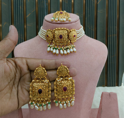 Gold Ruby Sage Green Polki Choker Jewellery Mngu Set