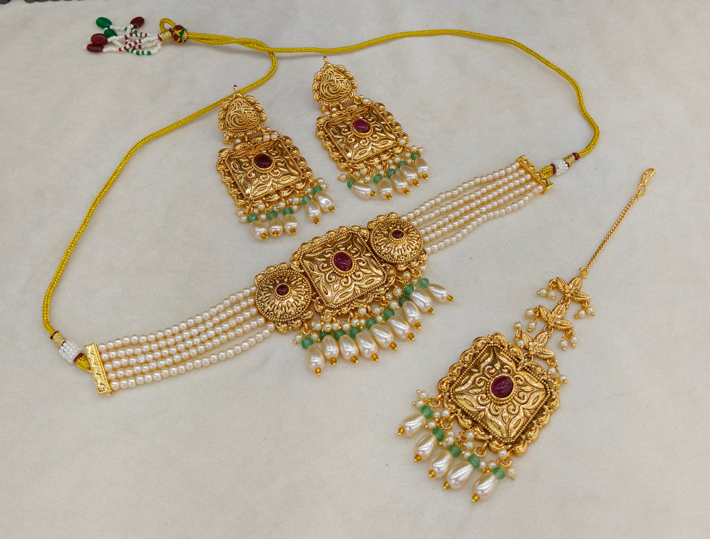 Gold Ruby Sage Green Polki Choker Jewellery Mngu Set